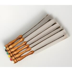 Vintage Fondue Forks Set of 6 Wood Handle Color Ends 9-3/4 Inches Taiwan